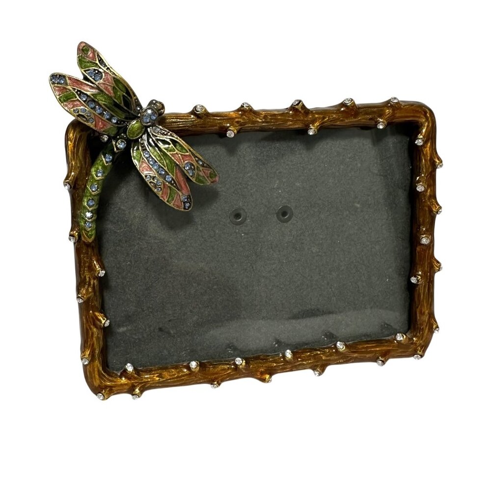 Vintage Dragonfly Ornate Enameled Small 3x5 Picture Frame Crystal Details